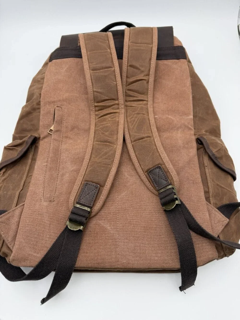 Waxed Canvas Leather Backpack Brown Drawstring Rucksack Brass Buckle Pockets